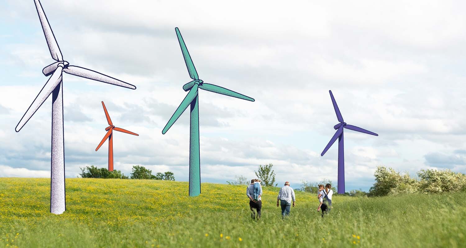 Animated image of onshore wind turbines amid a green field 
