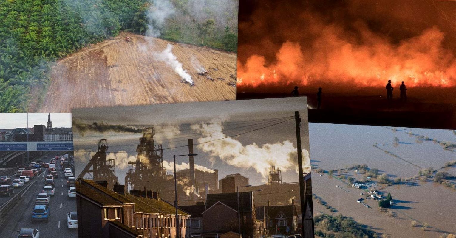 Collage of images including: flooding,wildfire, highway, and factory emissions