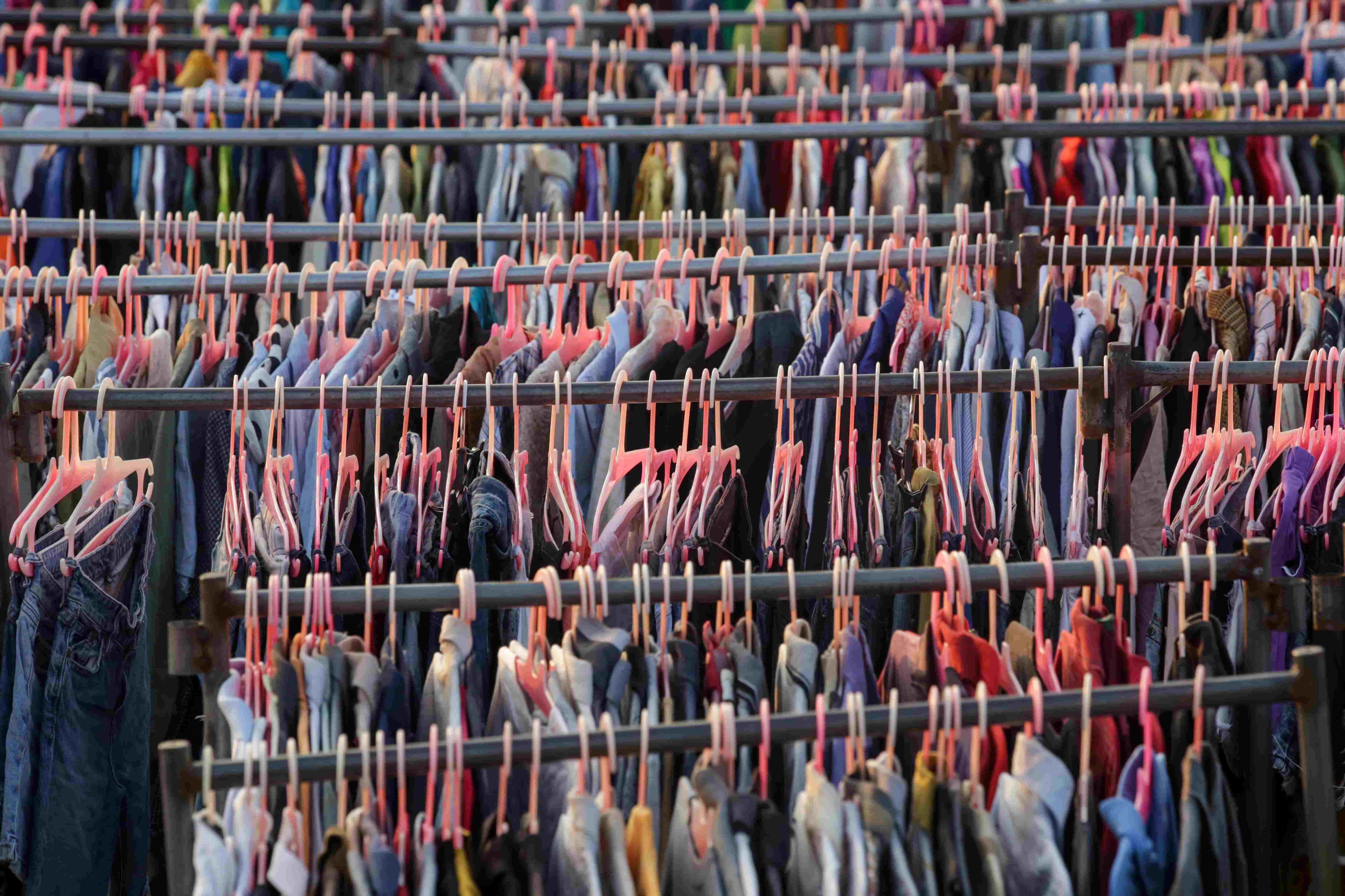 Ariel view of multiple clothes racks. 