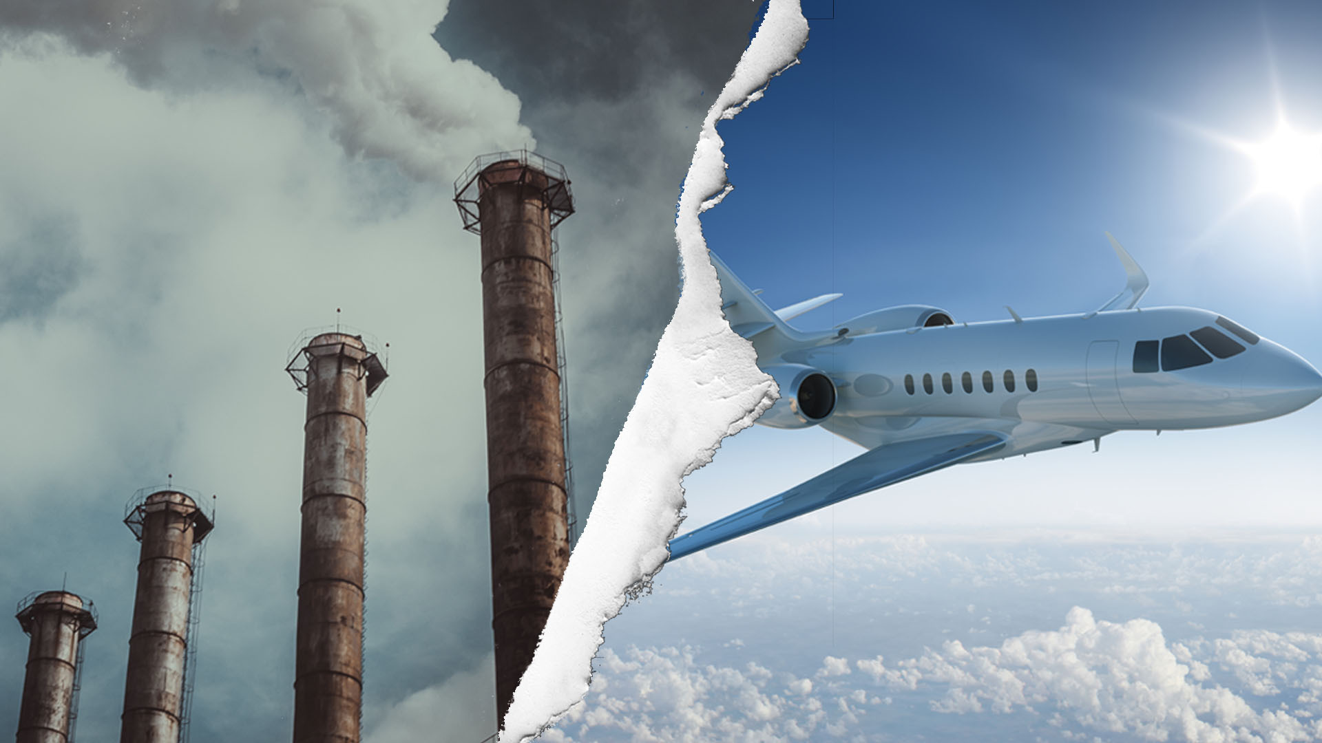 Two images with paper style rip in the middle. Left side is factory pipes pumping out emissions. Right side is off private jet in sky